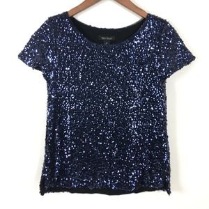 White House Black Market Womens Top XS Blue All Over Sequin Short Sleeve Stretch